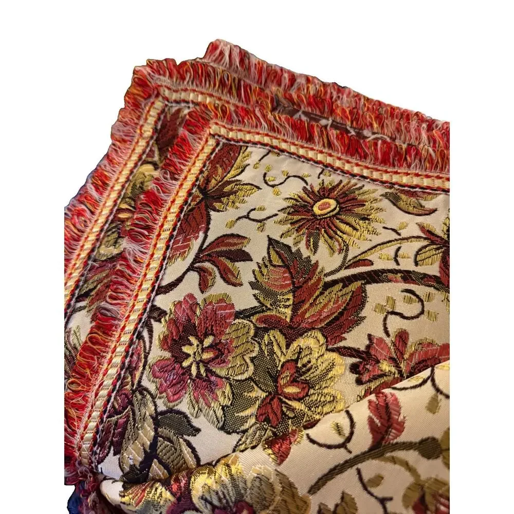Vintage MCM Damask Fringed Tablecloth Floral Reversible Satin silk Registado AVA